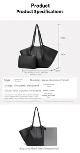 Detailed size chart for the black faux leather tote bag and inner pouch dimensions