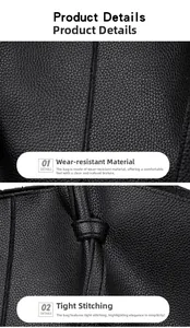 Detail of durable black lychee grain leather with precise stitching on a tote bag