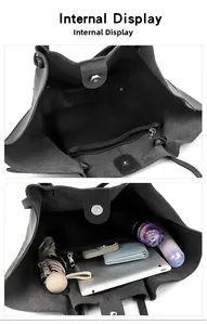 Detail of black tote bag interior showing large capacity and magnetic closure for daily essentials