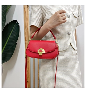 Détail du sac selle en cuir rouge avec un fermoir à boucle en métal doré demi-cercle