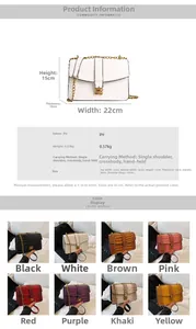 Size guide for crocodile pattern PU leather crossbody bag with dimensions and 8 color options