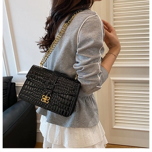 Close-up of black crocodile-textured handbag with gold chain strap and BB metal clasp