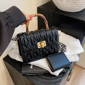 Retro Pleated Quilted PU Leather Handbag Bamboo Handle Twist Lock Wide Strap Crossbody Bag And Coin Purse For Women