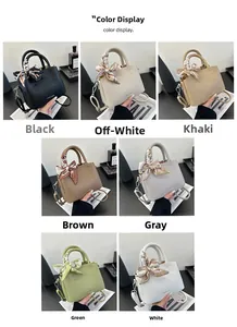 Litchi pattern leather handbags in seven colors with decorative silk scarf handles