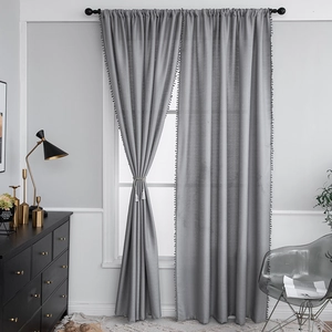 Grey American style kitchen curtains with pom-pom trim and linen texture set of two