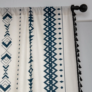 Bohemian cotton linen curtain with navy geometric tribal pattern and black tassels