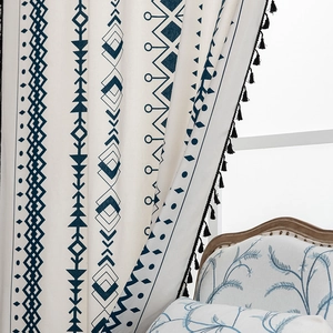 Bohemian cotton linen curtain with blue geometric patterns and black side tassels