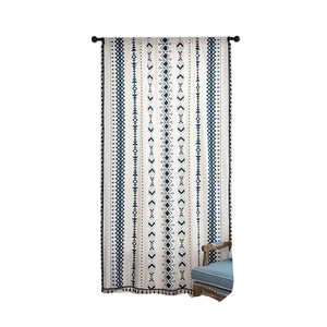 Bohemian cotton linen curtain with navy geometric patterns and black pom-pom tassels