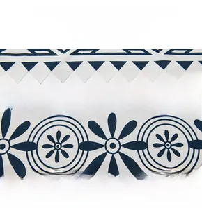 Detail of American country style cotton linen fabric with ethnic blue patterns and soft texture