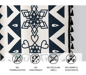 Detail showing high-quality fabric texture and safety certification for cotton linen curtains