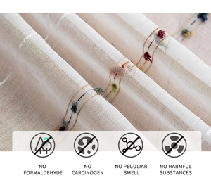 Detail showing white sheer curtain with embroidered dots and safety certifications