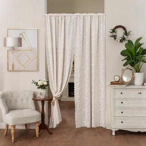 French cream style cream lace door curtain with floral embroidery and scalloped edges