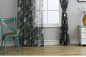 Detail of American floral cotton linen curtain with vintage leaf and flower printing