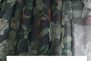 Detailed close-up of retro floral pattern on semi-transparent dark grey chiffon fabric