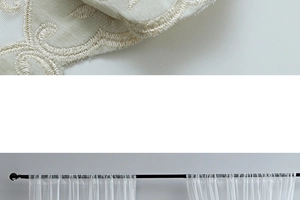 Detailed embroidery on semi-sheer white lace curtain with rod pocket design