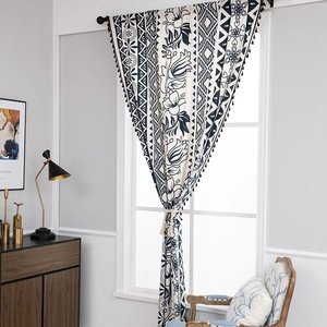 Bohemian Linen Window Curtain Printed Geometric Floral Pattern Tassel Decor Rod Pocket Shading Drape For Living Room Bedroom