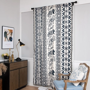 Bohemian black and white printed curtain with tassels for living room and kitchen windows