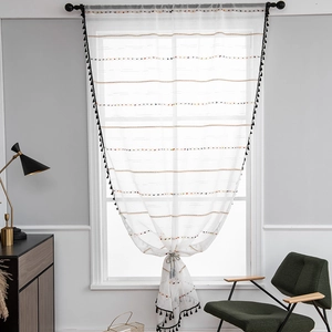 Modern Minimalist Translucent Sheer Curtains With Black Tassel Edge Colorful Pom Poms Boho Polyester Window Drape For Home Kitchen