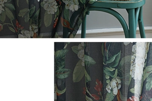 Detail of dark grey semi-sheer fabric with vintage white floral and green leaf print
