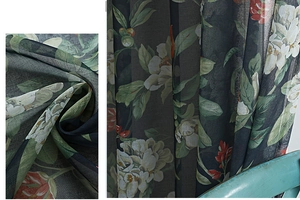 Detail of vintage floral print on semi-sheer linen fabric for American style curtains