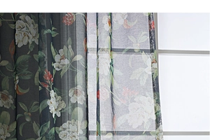 Detail showing high-quality floral print on semi-sheer cotton linen curtain fabric