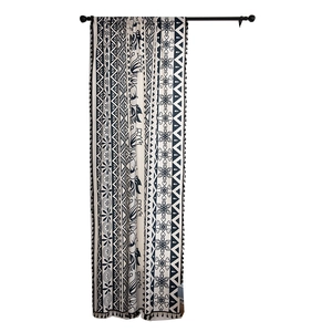 Bohemian black and white printed cotton linen curtain with decorative tassels and geometric patterns