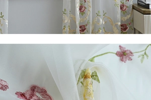 Macro detail of elegant white mesh curtain with vintage rose floral embroidery