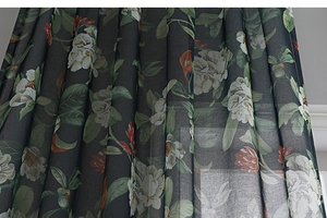 Close-up of American vintage floral print curtain with semi-sheer cotton linen fabric