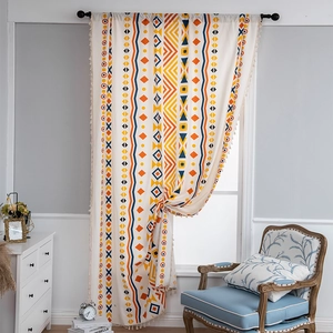 Bohemian Geometric Printed Cotton Linen Door Curtain With Tassels Half Shading Rod Pocket Window Curtain For Kitchen Living Room Home Decor
