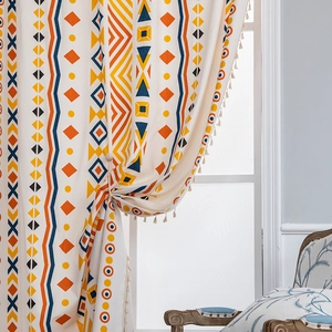 Bohemian geometric cotton linen curtain with colorful patterns and tassel fringe edge