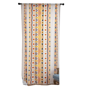 Bohemian beige cotton linen curtain with geometric patterns and tassel fringe detail