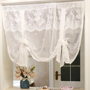 Tenda per Finestra Porta in Pizzo Floreale Bianco Stile Nordico Ricamo con Fiocco Sfumatura Romana Semitrasparente
