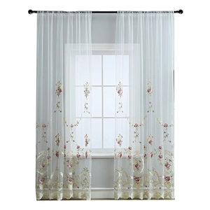 White semi-sheer curtains with rose floral embroidery and rod pocket header set