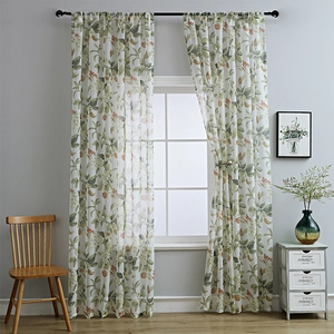 White floral sheer curtains with green leaves and orange flowers for rod pocket installation