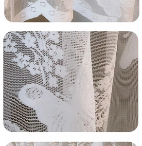 Detail of white lace curtain showing intricate butterfly and floral patterns on mesh fabric