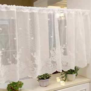 White Lace Cafe Curtain Floral Embroidery Sheer Short Window Valance Kitchen Rod Pocket Scalloped Edge Vintage Style
