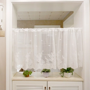 White lace short curtain with floral embroidery and wavy hem for kitchen windows