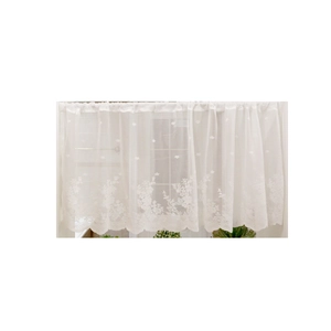 White lace cafe curtain with floral embroidery and scalloped edges for window decor