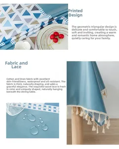 Detail of waterproof PVC linen tablecloth showing fringe edges and geometric pattern