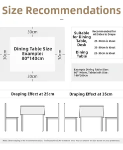 Size guide for PVC tablecloths showing ideal 25-30cm overhang for dining tables