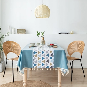 Nordic light blue PVC tablecloth with geometric patterns and white tassel fringe