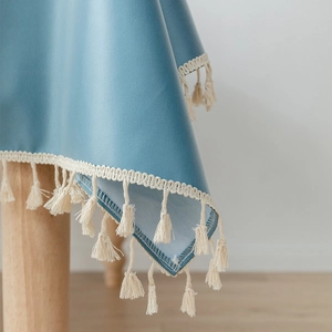 Nordic minimalist Morandi blue PVC tablecloth with elegant white braided tassels