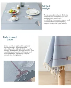 Close-up of waterproof PVC tablecloth with jacquard patterns and decorative tassel edges