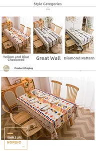 Detail of Nordic geometric linen tablecloth with woven tassels and bohemian patterns