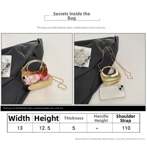 Size chart for mini acrylic evening bag showing 13cm width and 110cm chain strap