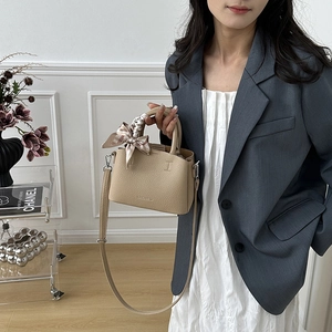 Beige pebble leather tote bag for women with floral silk scarf and detachable strap