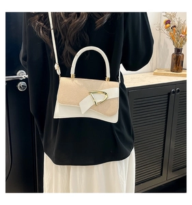 Model view showing the cream and white contrast handbag with gold D-buckle detail