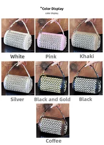 Detailed color selection showing seven rhinestone cylinder handbags with rivet handles