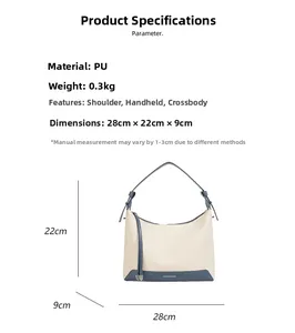 Detailed dimension chart showing size 28x22x9cm for woven underarm bag with PU straps