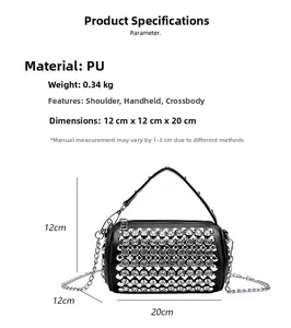 Detailed dimensions of the black rhinestone cylinder bag showing size 20x12x12cm